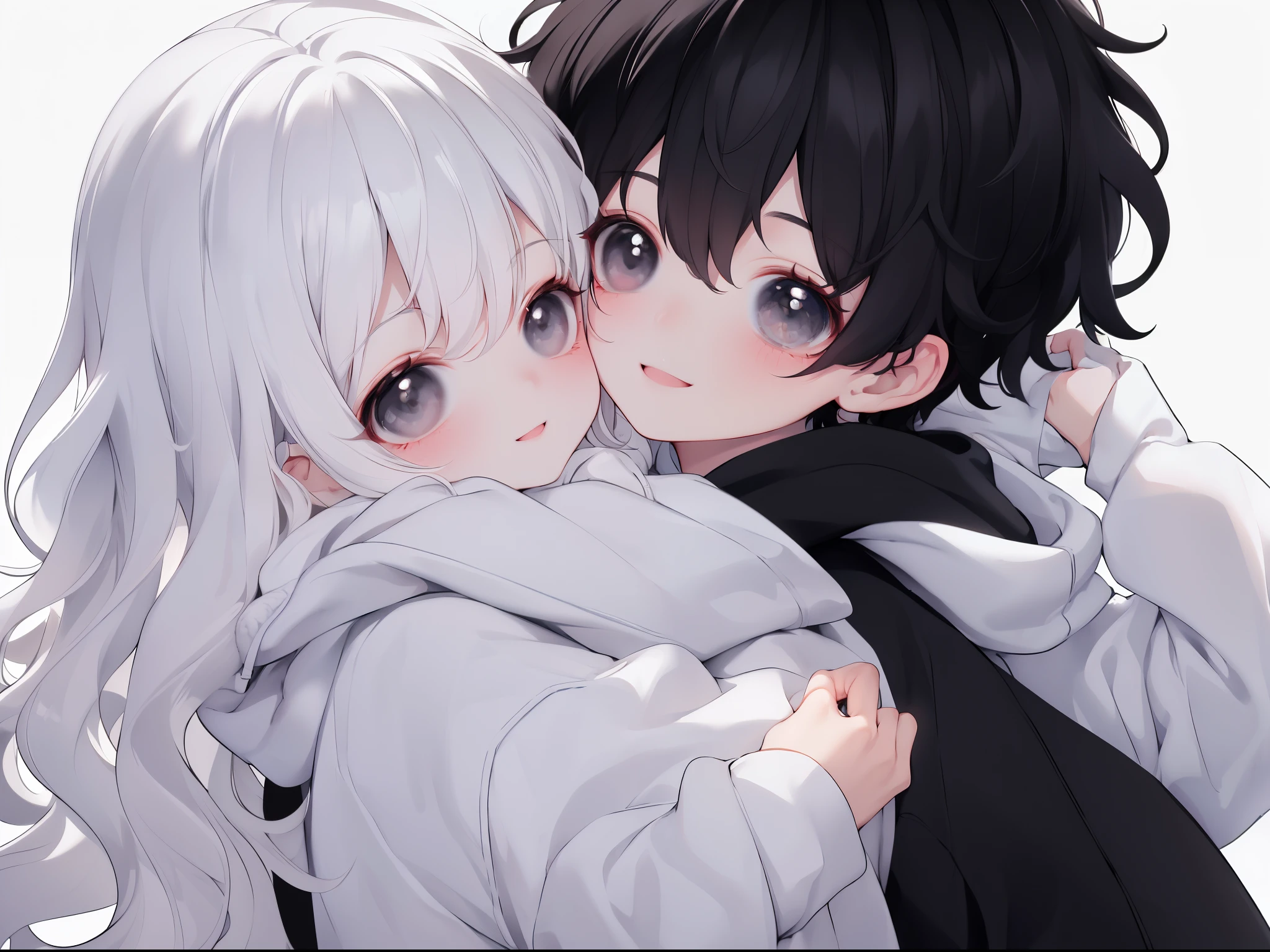 Masterpiece, Best quality, 8K resolution ，1womanl, ((wavy white long hair)), sweeping bangs, Black colored eyes, Smile, Modern clothes, Embrace one ((Boy with black messy short black hair and black simple hoodie)) From the front，white backgrounid