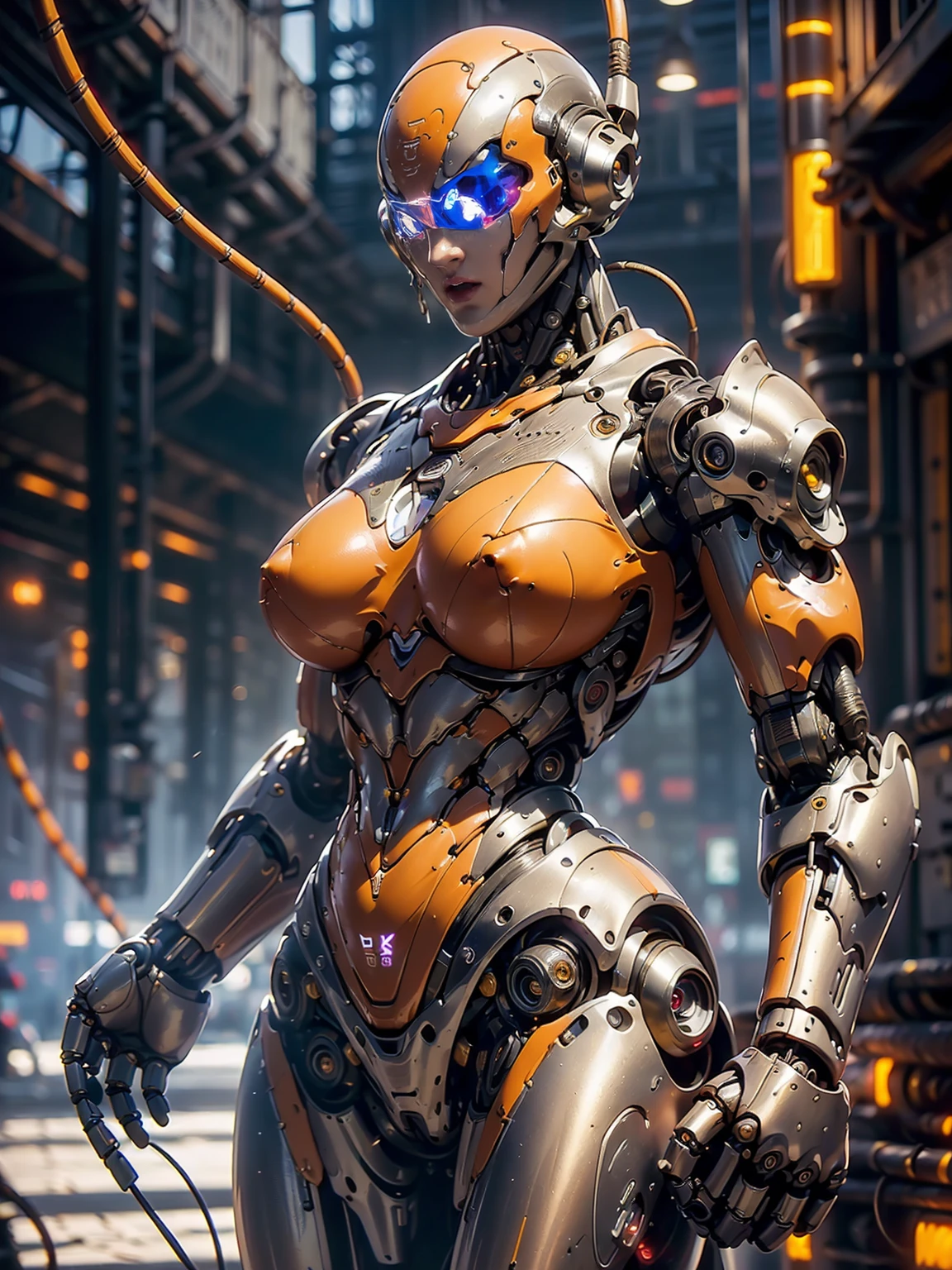 (beautiful muscular female cyborg:1.25), (megan-fox:1.5), (full body pose), (metallic muscular armor:1.5), (no hair), (bald head covered in cables:1.5), (robotic mechanical physique:1.5), (super muscular female cyborg:1.5), (covered in cables and mechanical muscles:1.5), (android muscular anatomy:1.5), (perfect fingers:1.25),(8k, RAW photo, photorealistic:1.25), sci fi atmosphere, futuristic dystopia, alien landscape,