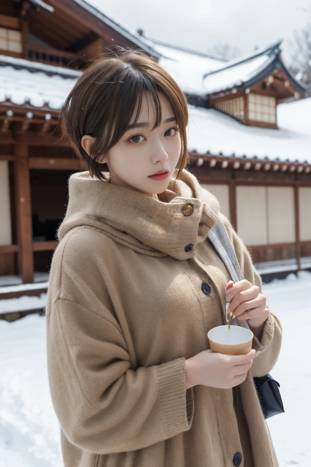 outside of house、a pixie cut、A Japanese Lady、Super Cute、Soft and face、Brown hair、A hyper-realistic、ultra-definition、D Cup Big((Highest Definition、8K、masterpiece:1.3))、appearance々Angle、appearance々Pose、23years old、Winter clothes