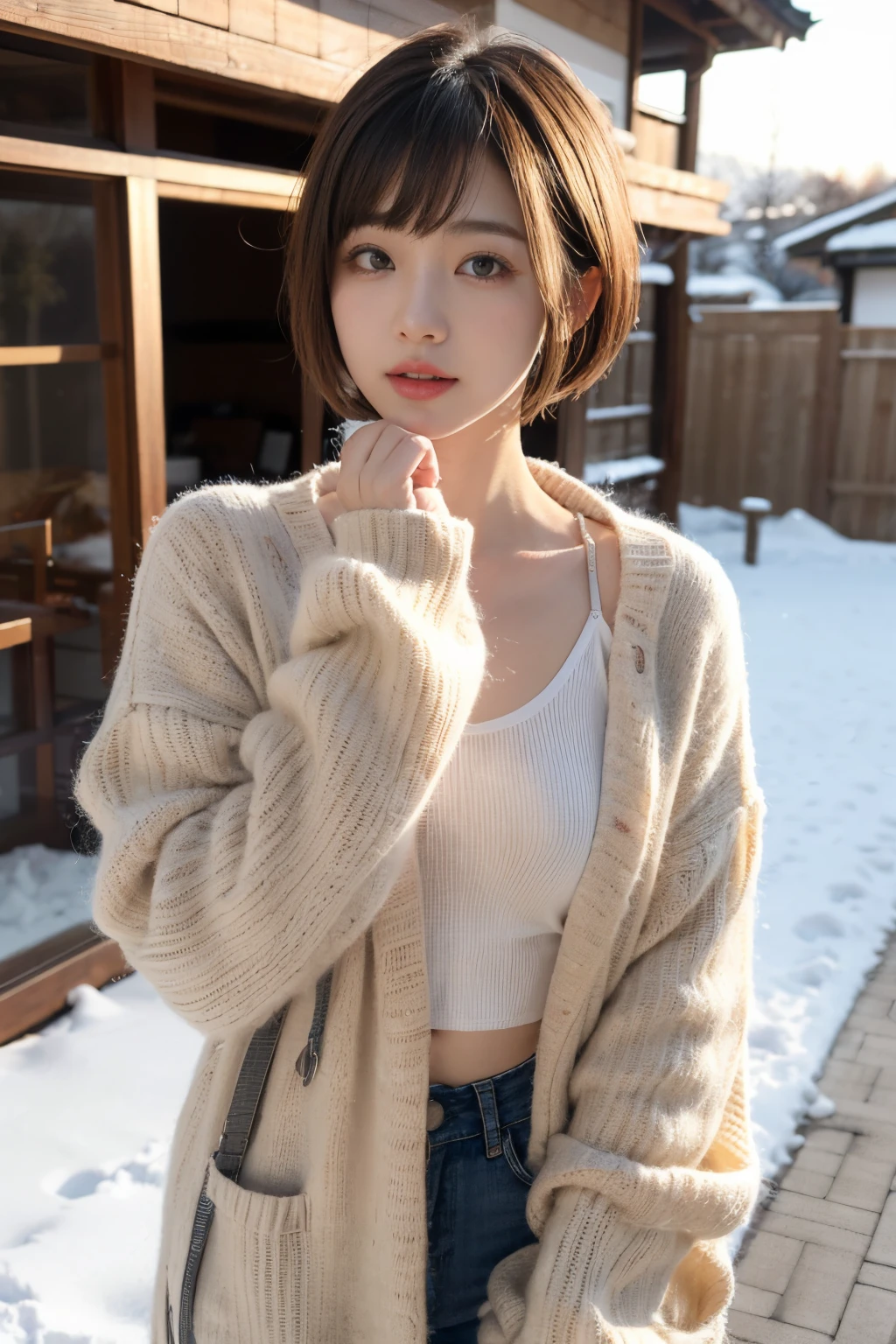 outside of house、a pixie cut、A Japanese Lady、Super Cute、Soft and face、Brown hair、A hyper-realistic、ultra-definition、D Cup Big((Highest Definition、8K、masterpiece:1.3))、appearance々Angle、appearance々Pose、23years old、Winter clothes
