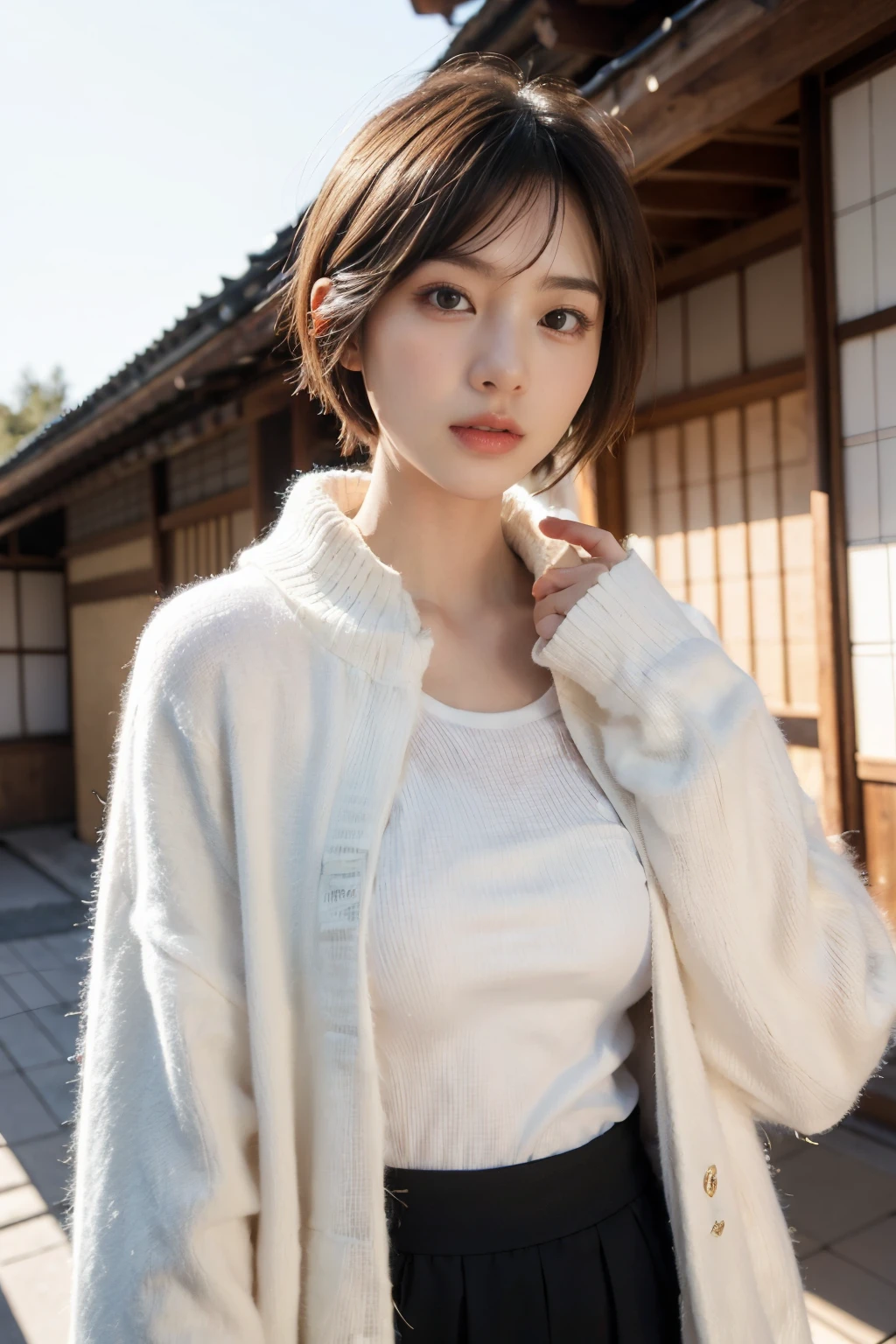 outside of house、a pixie cut、A Japanese Lady、Super Cute、Soft and face、Brown hair、A hyper-realistic、ultra-definition、D Cup Big((Highest Definition、8K、masterpiece:1.3))、appearance々Angle、appearance々Pose、23years old、Winter clothes