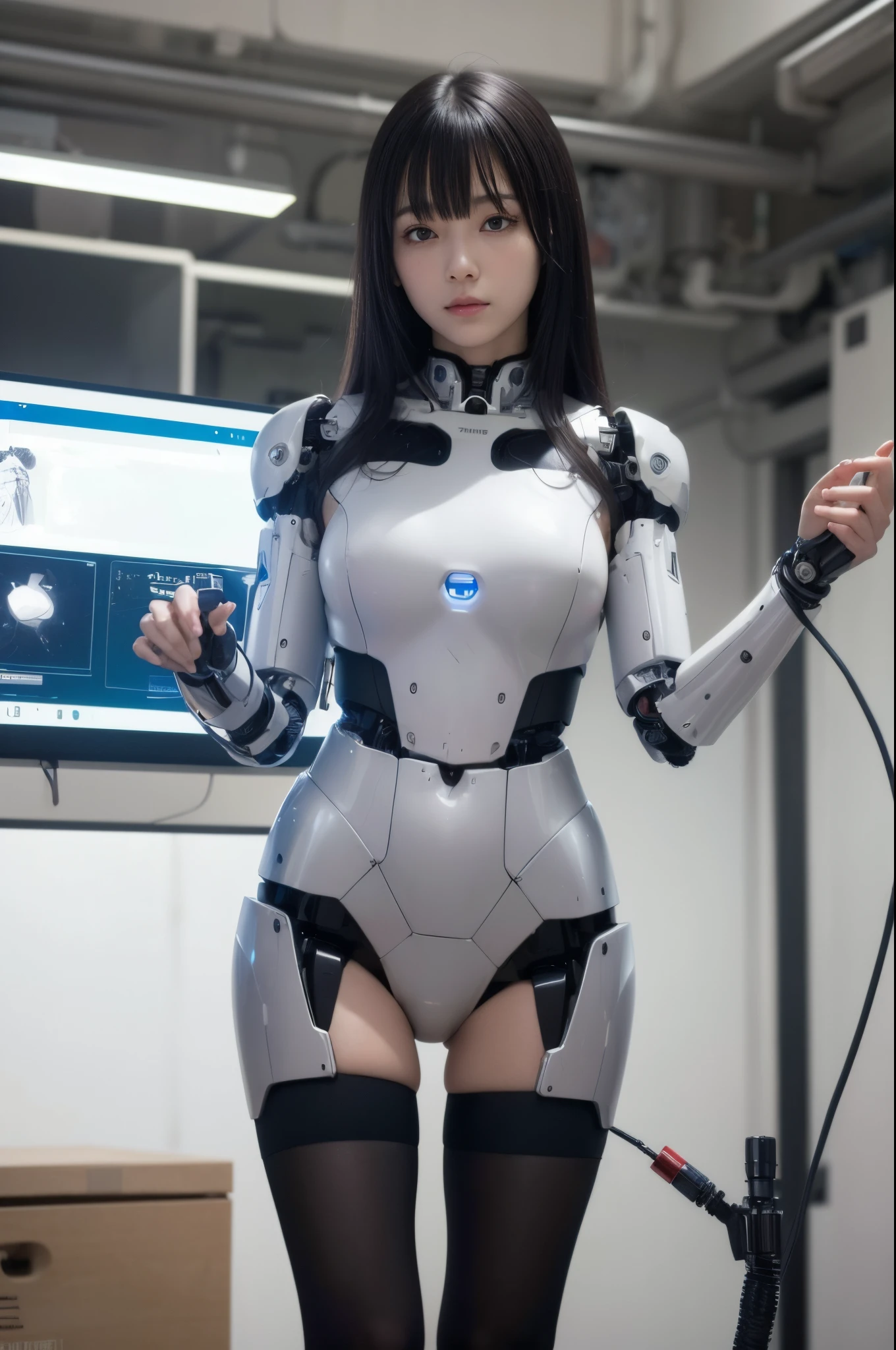 (Photorealistic:1.4), (Raw photo)masutepiece, Best Quality, Extremely detailed, (Photorealistic:1.4), (8K, 4K, Best Quality, hight resolution, 超A high resolution:1.1), 8K Portrait,1girl in, Japanese android gid,Plump , announcer,control panels,android,Droid,Mechanical Hand, ,Robot arms and legs, Black hair,Mechanical body,Blunt bangs,White Robotics Parts,perfect robot woman,Charging spot,Long Tube,A thick cable was connected to his neck.,ceramic body ,Mechanical body, mechanical ear covers,android,robot humanoid,a bit Chubby,pantiy,complete eyes,Perfect machine body,White robot body,The laboratory of the future,android factory,mechanical ear covers,silver uniform,
