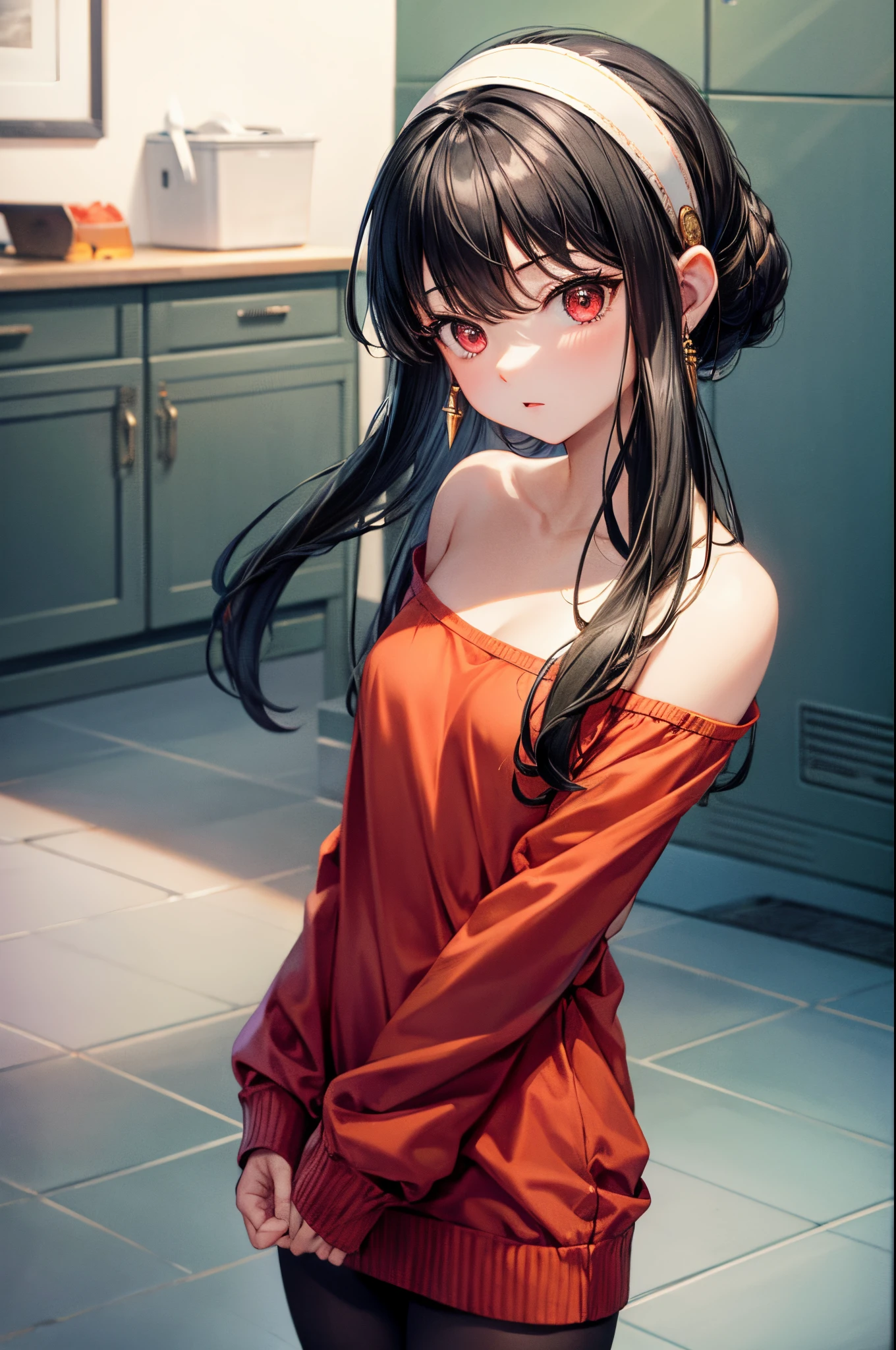 (masterpiece), best quality, expressive eyes, perfect face, highres, 1 girl, solo, (small body:1.3), , bbyorf, long hair, white hairband, red eyes, gold earrings, large breasts, jewelry, off shoulder, red sweater, sweater dress, long sleeves, black pantyhose, standing, cowboy shot, looking at the viewer,