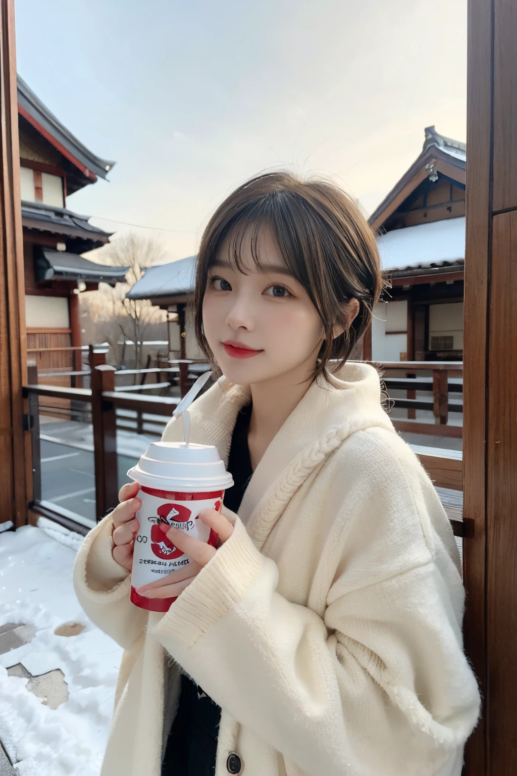 outside of house、a pixie cut、A Japanese Lady、Super Cute、Soft and face、Brown hair、A hyper-realistic、ultra-definition、D Cup Big((Highest Definition、8K、masterpiece:1.3))、appearance々Angle、appearance々Pose、23years old、Winter clothes