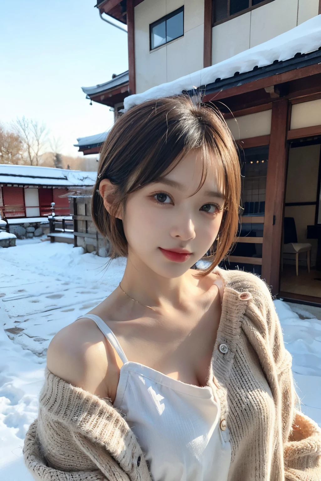 outside of house、a pixie cut、A Japanese Lady、Super Cute、Soft and face、Brown hair、A hyper-realistic、ultra-definition、D Cup Big((Highest Definition、8K、masterpiece:1.3))、appearance々Angle、appearance々Pose、23years old、Winter clothes
