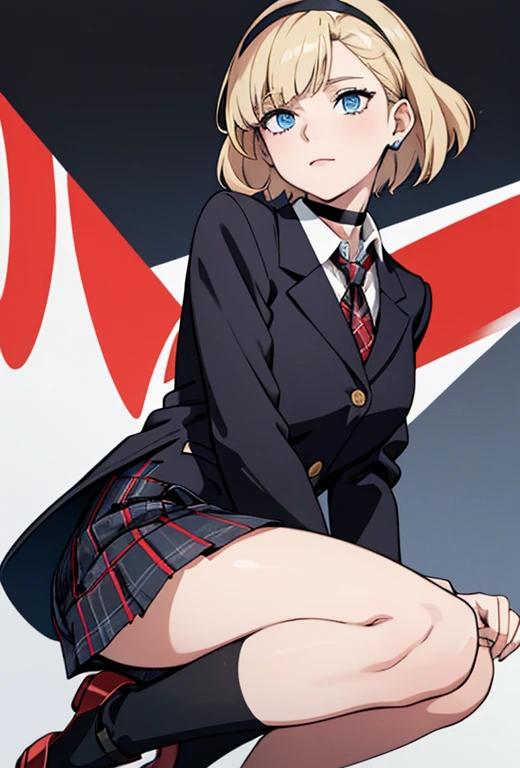 Smiling boyish girl wearing sneakers on bed Skirt spats in school uniform