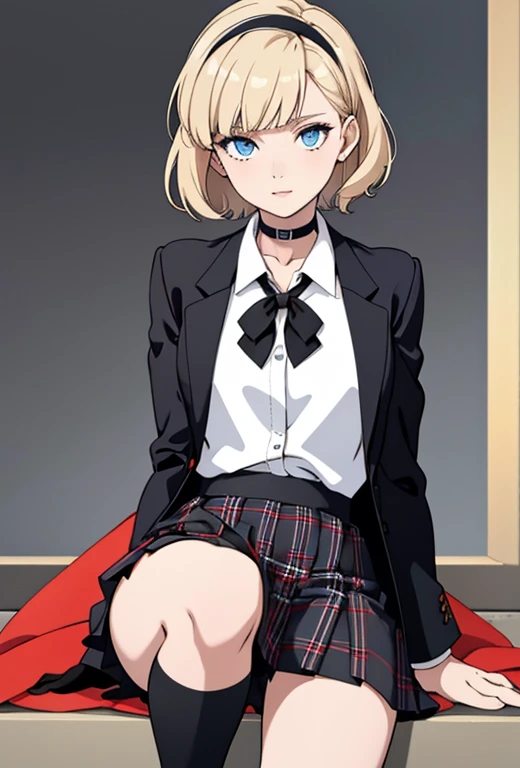 Masterpiece , best quality , solo , 1FEMALE , short blonde hair with bangs , blue eyes , scar over right eye , pale skin , soft smile , black school blazer , white collared shirt underneath , red and black and white plaid skirt , black thigh high socks , black dress shoes , choker around neck ,  background , black headband on head