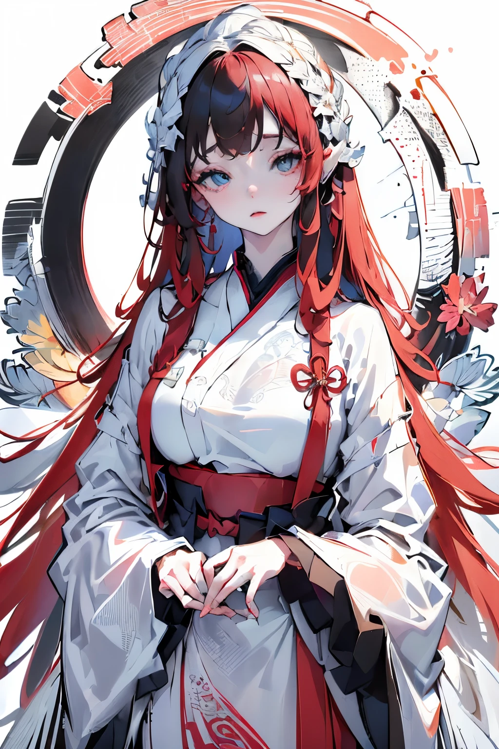 (((white backgrounid、a white world)))、Unity 8K Wall 、ultra-detailliert、Beautifully Aesthetic、masterpiece、top-quality、(Zentangle、a Mandala、Tangles、tangled art:1.3)、One girl、Beautiful black hair、Waseco、Red kimono、Japanese dress、ighly detailed、Dynamic angles、Cowboy Shots、The most beautiful forms chaos、elegent、Brutalist design、Vibrant colors、romantism、Atmosphere、ecstasy musical notes、Streaming music notes are visible、(((white backgrounid、Pure white background、Red circle)))