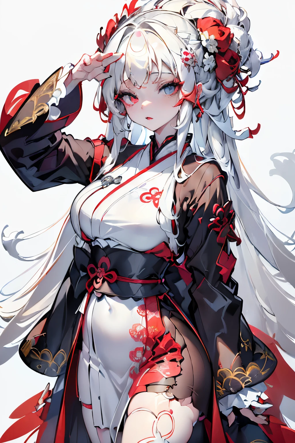 1 girl, big breasts, jiangxi, jingguan mao, breast seal, seal, ((long hair)), white hair, Chinese dress, cowboy shot, tongue sticking out, heart-shaped eyes, unusually long hair, (( (arms behind))), (((tied) ))),