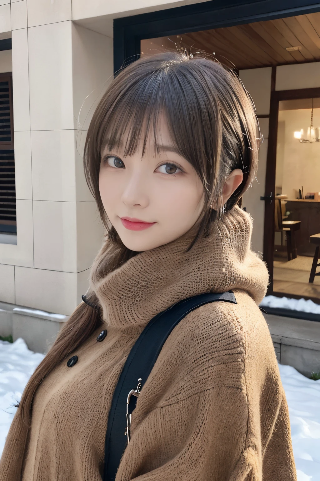 outside of house、(((a pixie cut)))、A Japanese Lady、Super Cute、Soft and face、Brown hair、A hyper-realistic、ultra-definition、D Cup Big((Highest Definition、8K、masterpiece:1.3))、appearance々Angle、appearance々Pose、23years old、Winter clothes