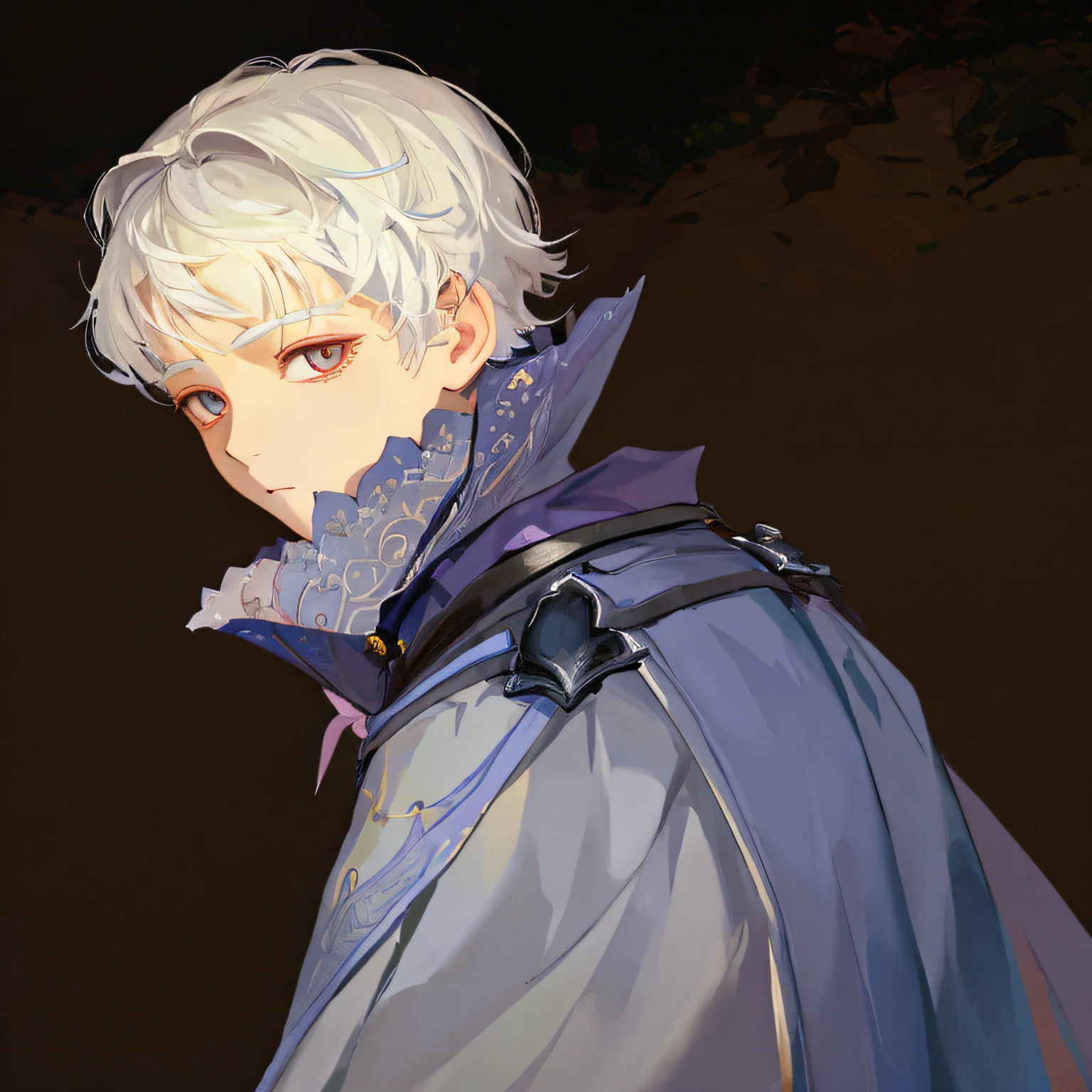 there is a boy with white hair leaning into the camera, looking at the viewr, portrait, blank background