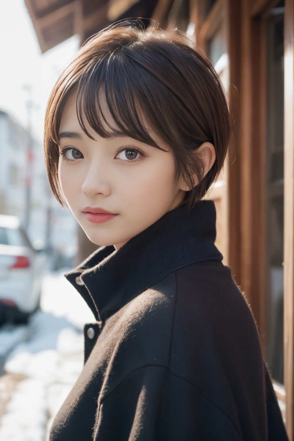 outside of house、(((a pixie cut)))、A Japanese Lady、Super Cute、Soft and face、Brown hair、A hyper-realistic、ultra-definition、D Cup Big((Highest Definition、8K、masterpiece:1.3))、appearance々Angle、appearance々Pose、23years old、Winter clothes