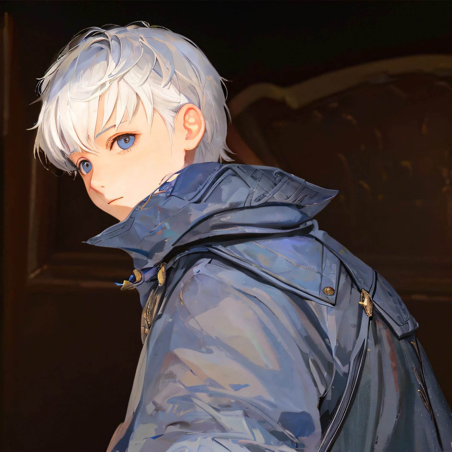 there is a young boy with white hair leaning into the camera, looking at the viewr, portrait