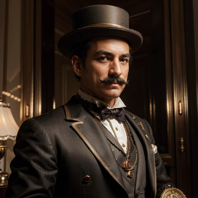 (best quality,4k,highres,masterpiece:1.2),(realistic,photo-realistic:1.37),steampunk automaton with a butler suit from a mansion,illustration,detailed gears and cogs,brass and copper materials,vintage clockwork mechanisms,meticulous attention to small parts,gold-plated accents,ornate engravings,antique timepieces,elaborate top hat,sharp monocle,meticulously groomed mustache,impeccable servant posture,dark and moody lighting,rich and warm color tones