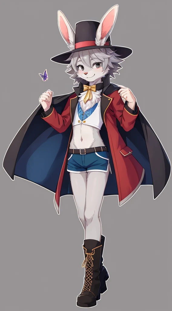 独奏, Standing, ((Bunny, hare, Hair, snout)), Author: spuydjeks, (((grey fur))), Slim, Skinny, small waist, Fur pattern, Anime character, high detail, Detailed art style, (canny smile:1.4), short curly hair, little chest, tailcoat, Short shorts, full length, the perfect body, Colorlac & Blue, (1 boy:1.2), The body is like a girl's, Long, Tight-fitting boots, magician, in a cylindrical hat, Long-sleeved top, dnd, black butterfly, Carset, leg braces