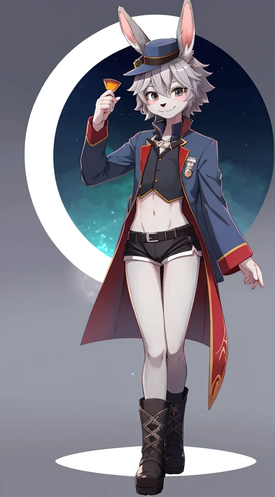 独奏, Standing, ((Bunny, hare, Hair, snout)), Author: spuydjeks, (((grey fur))), Slim, Skinny, small waist, Fur pattern, Anime character, high detail, Detailed art style, (canny smile:1.4), short curly hair, little chest, tailcoat, Short shorts, full length, the perfect body, Colorlac & Blue, (1 boy:1.2), The body is like a girl's, Long, Tight-fitting boots, magician, in a cylindrical hat, Long-sleeved top, dnd, black butterfly, Carset, leg braces