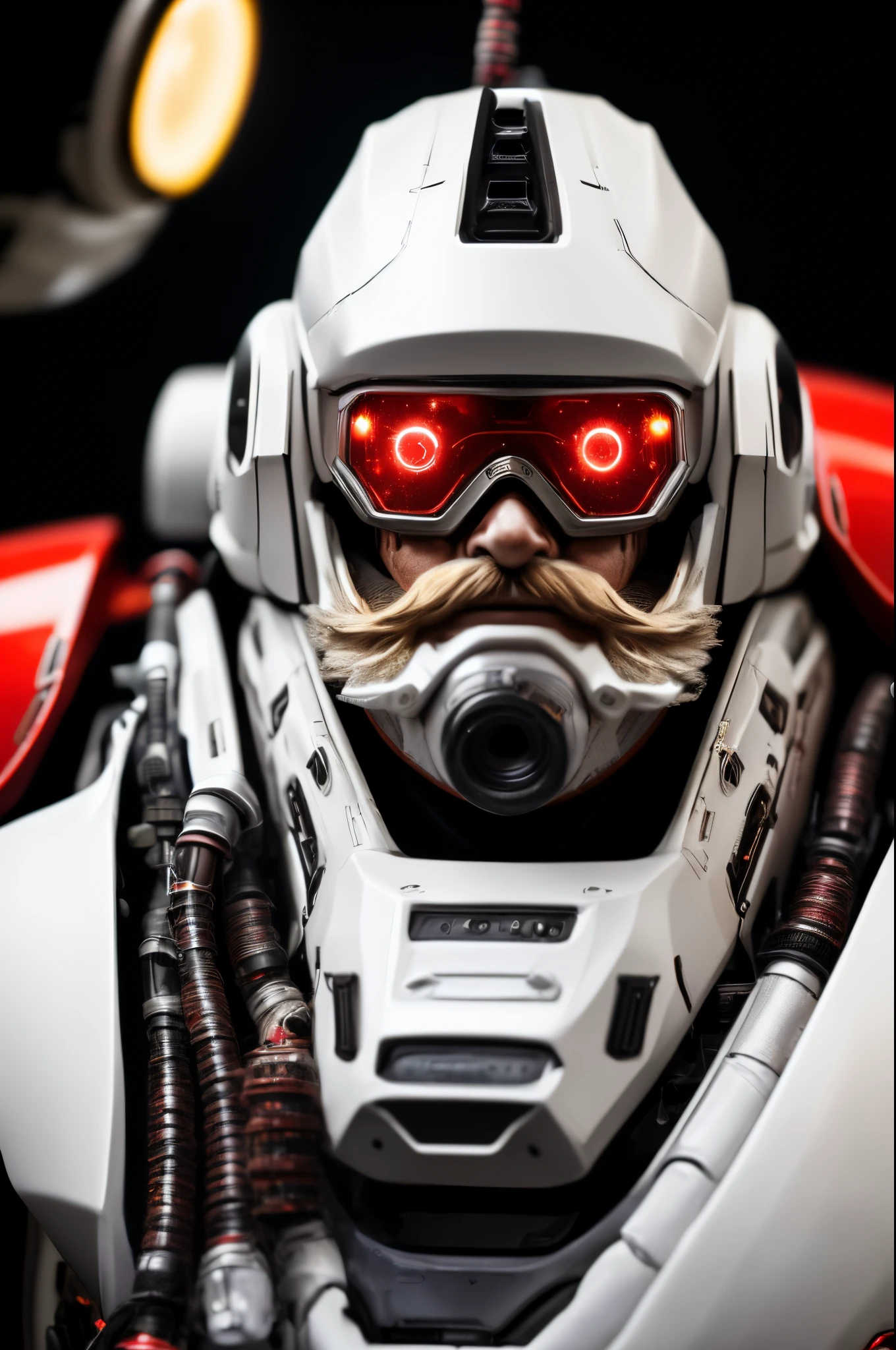 1boy,beard,black_background,facial_hair,ground_vehicle,old,old_man,realistic,science_fiction,solo,blurry,blurry_background,depth_of_field,vehicle_focus,lights,mecha,bald,mustache,red_eyesarmor,glowing,goggles,helmet,cannon,portrait,robot,space,spacesuit,machinery,looking_at_viewer,star_(sky),red_headwear,retro_artstyle,
(8k, RAW photo, best quality, masterpiece:1.2),(photorealistic, realistic:1.4),