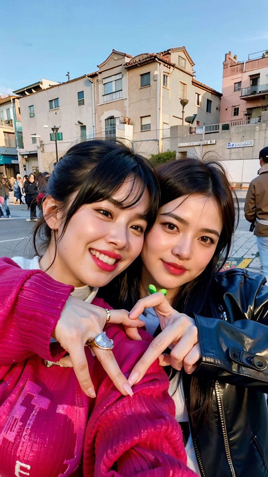 two women holding a heart with their hands in front of a building, 😭 🤮 💕 🎀, imagen de muy muy muy baja calidad, Ruan Jia y Mandy Jurgens, 🤬 🤮 💕 🎀, 🔞🤡, Trending artwork, Gemma Chen, Gongbi, Ruan Jia y Brom, muy, muy baja calidad, album art, Imagen filtrada, Lv