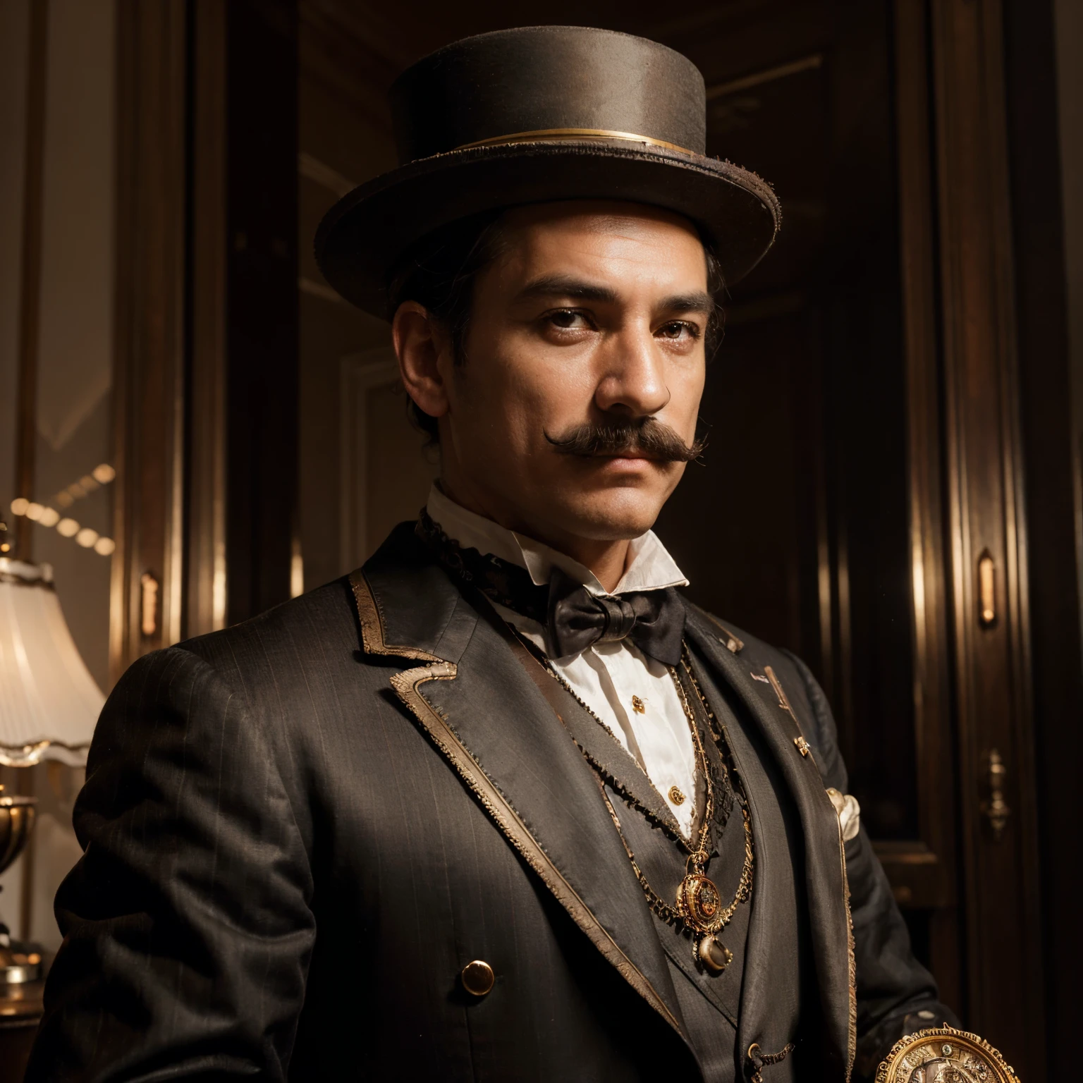 (best quality,4k,highres,masterpiece:1.2),(realistic,photo-realistic:1.37),steampunk automaton with a butler suit from a mansion,illustration,detailed gears and cogs,brass and copper materials,vintage clockwork mechanisms,meticulous attention to small parts,gold-plated accents,ornate engravings,antique timepieces,elaborate top hat,sharp monocle,meticulously groomed mustache,impeccable servant posture,dark and moody lighting,rich and warm color tones