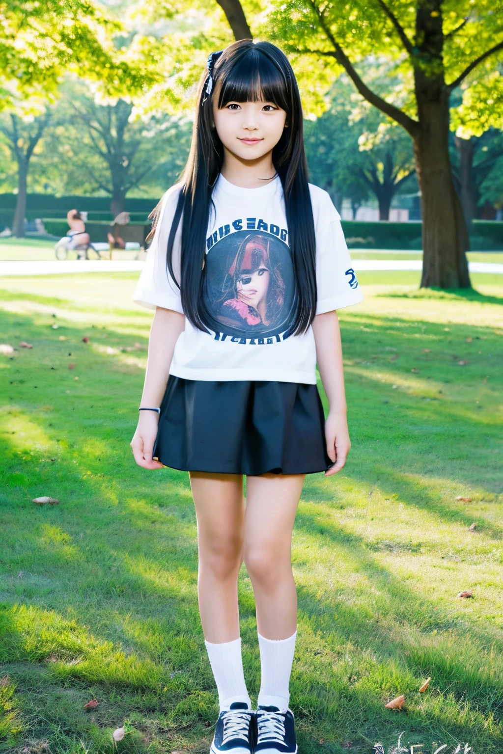 (8k),(masterpiece),(Japanese),(8-year-old girl),((innocent look)),((Childish)),From the front and above,smile,cute,Innocent,Kind eyes,Plain T-shirt,Short sleeve,Short skirt with blue check,semi-long,Hair blowing in the wind,Black Hair,Somewhat strong wind,noon,bright