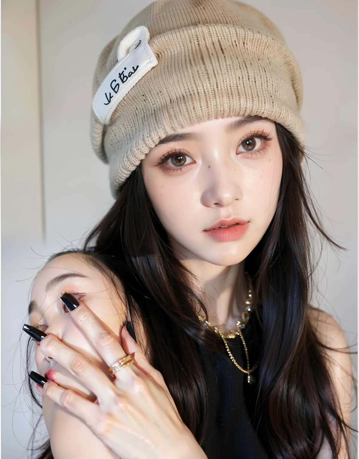 un primer plano de una mujer que llevaba un gorro y un anillo, ulzzang, maquillaje coreano popular, con gorro negro en la cabeza, 19 year old girl, Labios claros y de alta calidad, chica linda-fina-cara, Beautiful aesthetic face, 18 years old, e-chica, E - Chica, Estilo de Junji Ito, maquillaje popular de Corea del Sur
