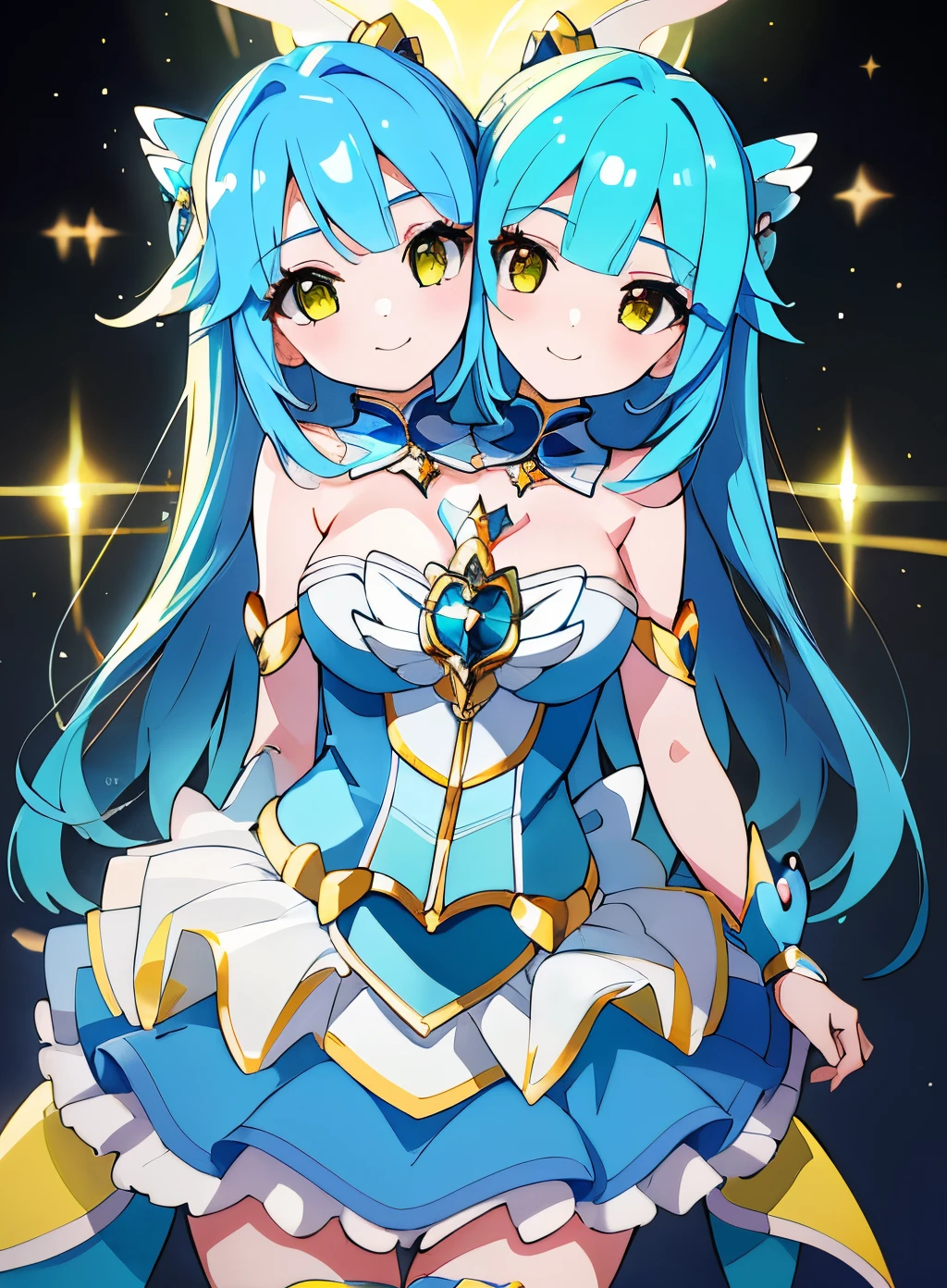 best quality, (masterpiece),(ultra-detailed), (high quality), (high resolution), (2heads:1.5) 1girl, (Aqua blue hair), yellow eyes, hair ornaments, blue armor chest piece, same hair color, teenage girl,((blue magical girl)), magical girl, gentle smile
