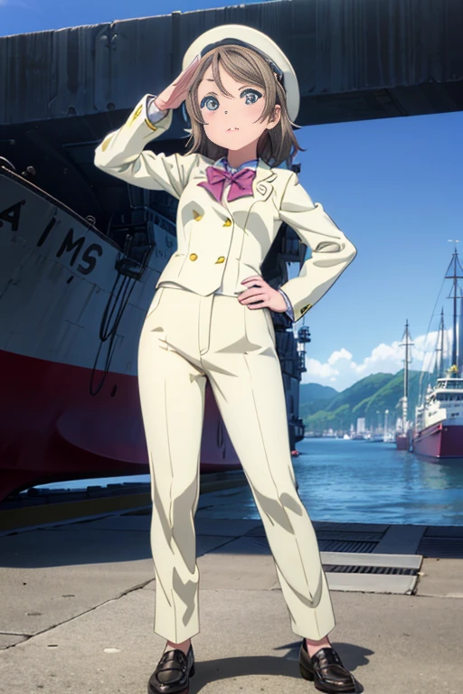 (((pixel perfect, Detail Perfect))), well-drawn hands, Solo, 1girl in, Watanabe, , bowtie, Looking at Viewer,captain suit,slacks,Leather shoes,Captain's hat,Left hand salute,Right hand on hip,harbour,Background with(Ships at anchor)