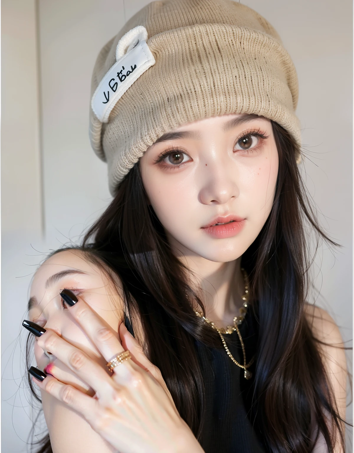 un primer plano de una mujer que llevaba un gorro y un anillo, ulzzang, maquillaje coreano popular, con gorro negro en la cabeza, 19 year old girl, Labios claros y de alta calidad, chica linda-fina-cara, Beautiful aesthetic face, 18 years old, e-chica, E - Chica, Estilo de Junji Ito, maquillaje popular de Corea del Sur