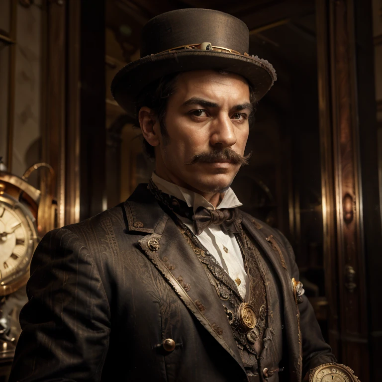 (best quality,4k,Alto,master part:1.2),(Realistic,photo-realistic:1.37),steampunk automaton in mansion butler suit,illustration,Engrenagens e engrenagens desenvolvidas,brass and copper materials,antique clock mechanisms,meticulous attention to small parts,detalhes banhados a ouro,gravuras ornamentadas,antique clocks,cartola elaborou,sharp monocle,bigode meticulosamente cuidado,impeccable servant posture,dark and moody lighting,tons of rich, hot cores