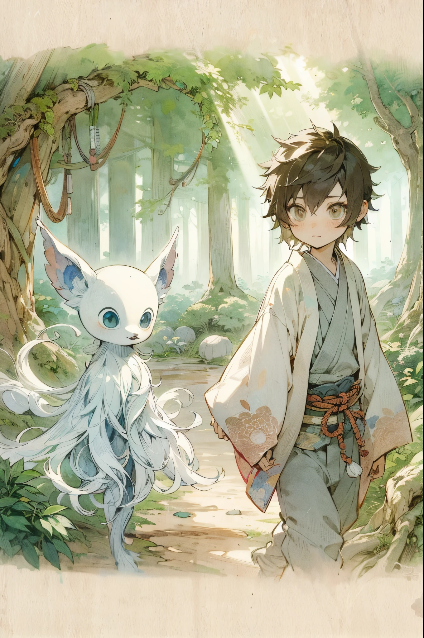 Illustration in a Japanese anime style depicting a young boy, Takeru, and a yokai in a mystical forest. Takeru has normal human ears, looks curious and adventurous, and wears traditional Japanese attire. The yokai is gentle, whimsical, and ethereal, seamlessly blending with the forest environment. The scene is set in a lush, enchanted forest with towering ancient trees and mystical lighting. The artwork should reflect high quality, clear line drawings, transparent watercolor techniques, and distinct shading, in the style of Pixiv illustrations