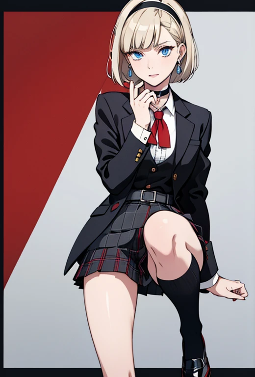 Masterpiece , best quality , solo , 1FEMALE , short blonde hair with bangs , blue eyes , pale skin , soft smile , black school blazer , white collared shirt underneath , red and black and white plaid skirt , black thigh high socks , black dress shoes , choker around neck ,  background , black headband on head , silver earrings , painted black nails