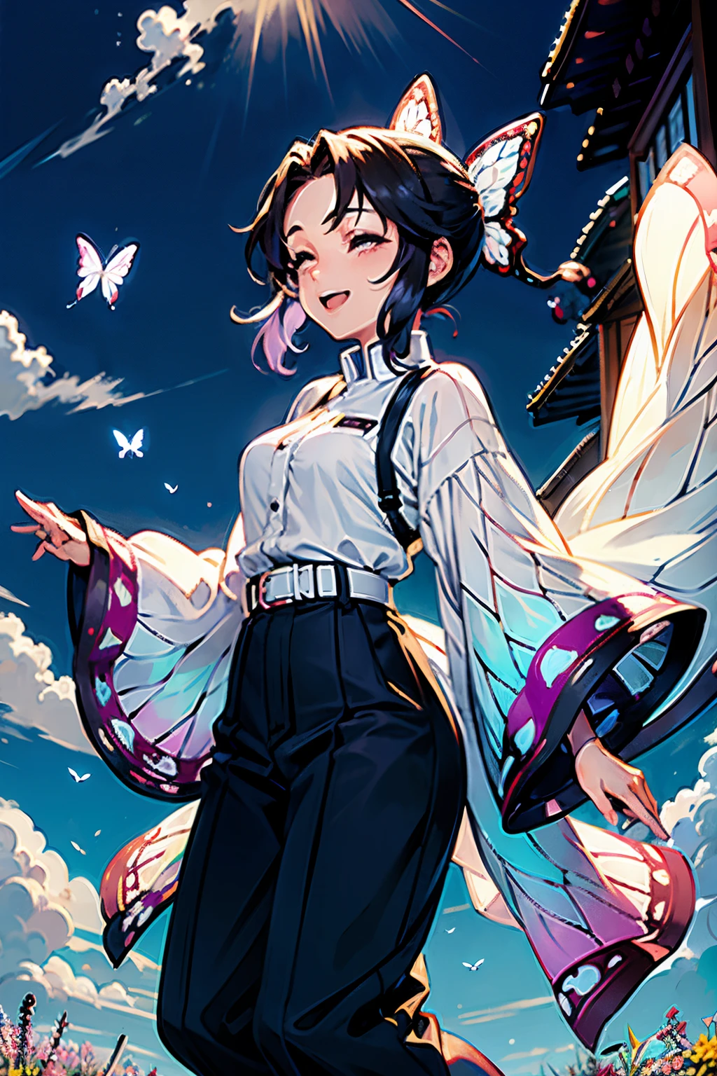 shinobu, 1girl, solo, smile, short hair, black hair, hair ornament, long sleeves, standing, full body, closed eyes, purple hair, flower, outdoors, japanese clothes, sky, belt, pants, cloud, wide sleeves, from side, parted bangs, night, bird, sandals, bug, animal print, butterfly, blue flower, butterfly hair ornament, haori, field, white belt, blue butterfly, demon slayer uniform, butterfly print, butterfly on hand, masterpiece, royal background, magical,