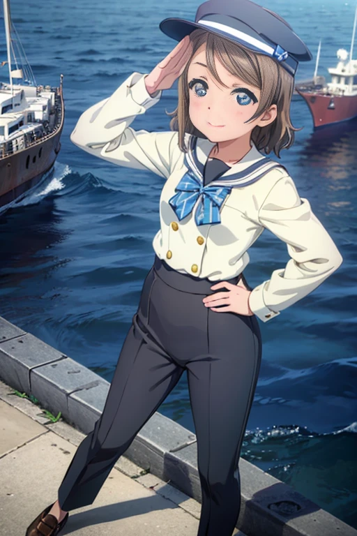 (((pixel perfect, Detail Perfect))), well-drawn hands, Solo, 1girl in, Watanabe, closes mouth, bowtie, Looking at Viewer,captain suit,slacks,Leather shoes,Captain's hat,Left hand salute,Right hand on hip,harbour,Background with(Ships at anchor)