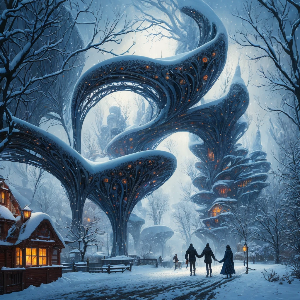 a painting of a snowy scene with a couple walking through the snow, kilian eng and thomas kinkade, winter scene fantasy, highly detailed visionary art, visionary art, breathtaking art, inspired by tomasz alen kopera, winter armosphere, jungian symbols of winter, intricate sparkling atmosphere, rob mcnaughton, hyper - detailed visionary art