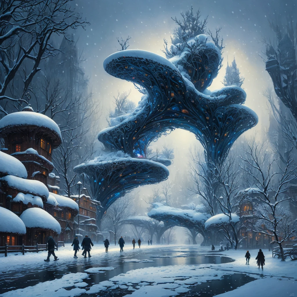 a painting of a snowy scene with a couple walking through the snow, kilian eng and thomas kinkade, winter scene fantasy, highly detailed visionary art, visionary art, breathtaking art, inspired by tomasz alen kopera, winter armosphere, jungian symbols of winter, intricate sparkling atmosphere, rob mcnaughton, hyper - detailed visionary art