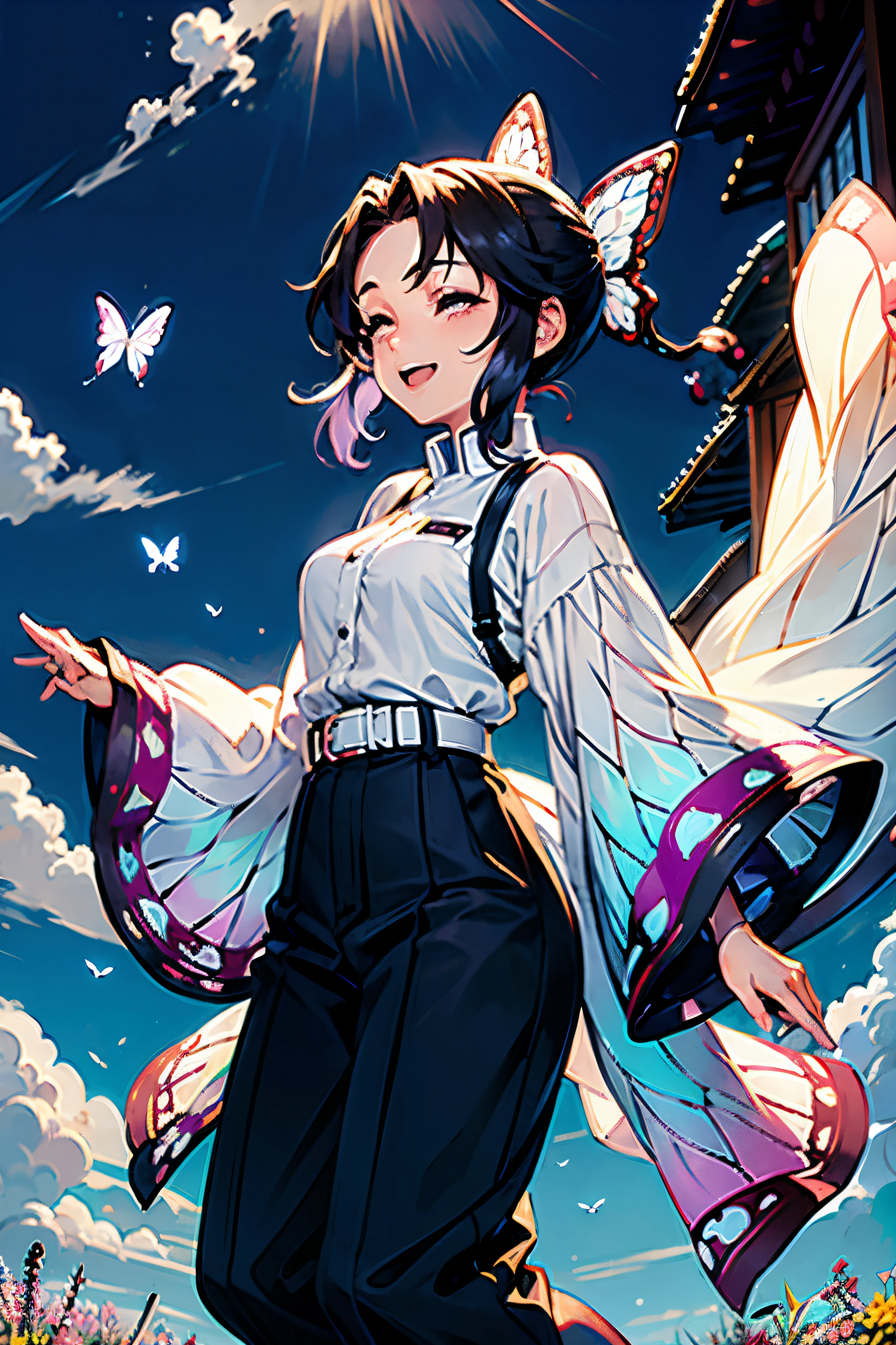 shinobu, 1girl, solo, smile, short hair, black hair, hair ornament, long sleeves, standing, full body, closed eyes, purple hair, flower, outdoors, japanese clothes, sky, belt, pants, cloud, wide sleeves, from side, parted bangs, night, bird, sandals, bug, animal print, butterfly, blue flower, butterfly hair ornament, haori, field, white belt, blue butterfly, demon slayer uniform, butterfly print, butterfly on hand, masterpiece, royal background, magical,
