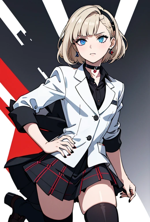 Masterpiece , best quality , solo , 1FEMALE , short blonde hair with bangs , blue eyes , pale skin , soft smile , black school blazer , white collared shirt underneath , red and black and white plaid skirt , black thigh high socks , black dress shoes , choker around neck , background , black headband on head , small silver earrings , painted black nails