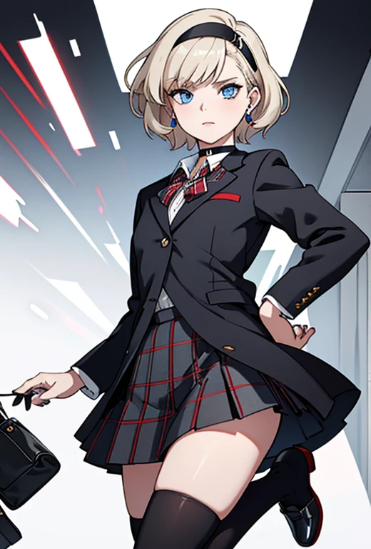 Masterpiece , best quality , solo , 1FEMALE , short blonde hair with bangs , blue eyes , pale skin , soft smile , black school blazer , white collared shirt underneath , red and black and white plaid skirt , black thigh high socks , black dress shoes , choker around neck ,  background , black headband on head , small silver earrings , painted black nails