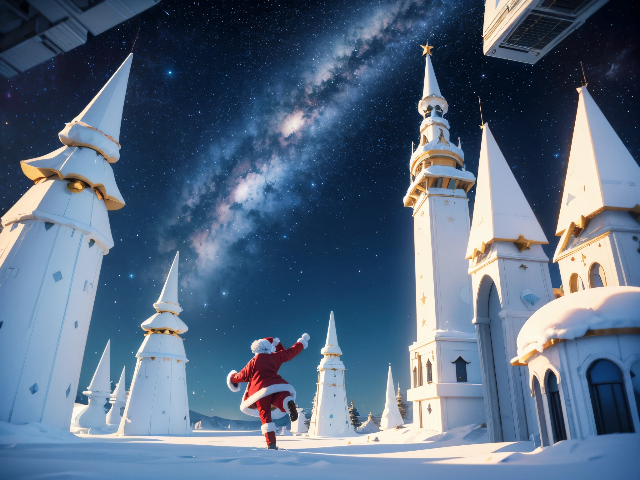 Envision a space-age North Pole with floating platforms of 3D Christmas ornaments, and Santa's sleigh gliding through a cosmic trail of fractal constellations. enormous tits