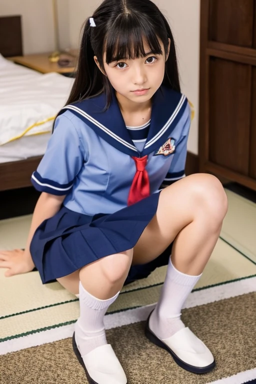 Japanese student uniform、a sailor suit、a junior high school student、crouching down、((I can see panties))、Open your legs、((a bed))、Fallen、room at night、Perplexed、Please open your legs and show me your crotch...、Please feel free to pull up your skirt..、