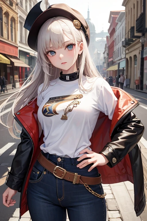 1 girl, Obra maestra, La mejor calidad, camiseta blanca sin mangas, diafragma, Vaqueros azules cortos, grandes senos, Funda de pistola en la cadera, Arma realista, Colt Peacemaker en mano, Arma apuntando hacia adelante, Insignia de sheriff, Bullets in the belt, Brown leather duster, Abrigo de cuero, Manos rectas, piel brillante, cabello brillante, ojos azules, cabello rubio claro, alto, Cabello largo, cabello lacio, cuerpo completo