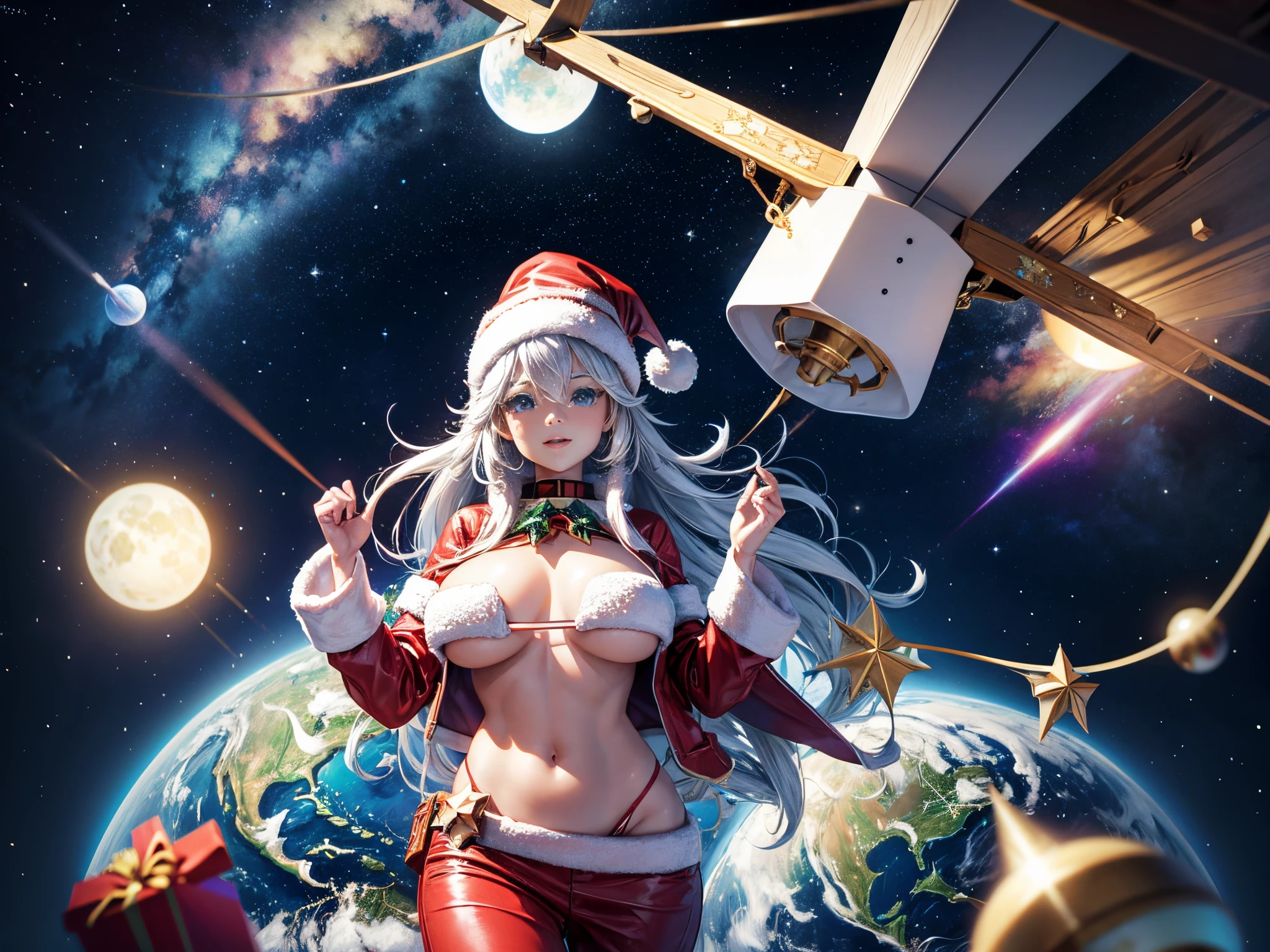 Envision a space-age North Pole with floating platforms of 3D Christmas ornaments, and Santa's sleigh gliding through a cosmic trail of fractal constellations. enormous tits