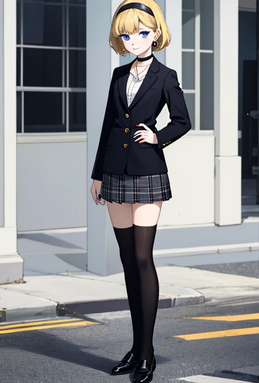 Masterpiece , best quality , solo , 1FEMALE , short blonde hair with bangs , blue eyes , pale skin , soft smile , black school blazer , white collared shirt underneath , red and black and white plaid skirt , black thigh high socks , black dress shoes , choker around neck ,  background , black headband on head , small silver earrings , painted black nails