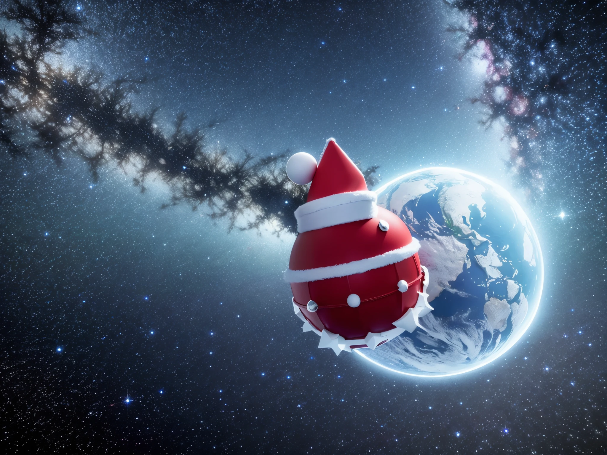 Envision a space-age North Pole with floating platforms of 3D Christmas ornaments, and Santa's sleigh gliding through a cosmic trail of fractal constellations. enormous tits