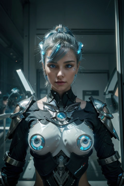My friends, let me paint for you a vivid picture of a fantastically beautiful girl from the future, a vision that embodies the essence of cyberpunk, technology, and biopunk. Close your eyes and let your imagination run wild as I describe this mesmerizing cyber oracle., In this futuristic world, technological progress has seamlessly merged with the human form, giving rise to a breathtaking display of artistry and innovation. Our cyber oracle is the true embodiment of this harmonious fusion., Her porcelain skin glows with a subtle light, a testament to the complex network of bioluminescent implants that leave graceful patterns on her body. These delicate lines of light shimmer and dance, revealing a breathtaking symphony of colors that shift and change in harmony with her emotions., Her eyes, the windows of her cybernetic soul, sparkle with an otherworldly glow. Tiny diodes flicker in the iris, emitting a mesmerizingly beautiful glow that captivates everyone who meets its gaze. They hold wi, white hair, light blue hair, mini top hat, hairclip, hair ornament, Gothic art, diffraction spikes, three sided view, fake scrollbar, Surrealism, high detail, Futurism, modern, modern, Gothic art, cinematic lighting, textured skin, super detail, high details, award winning, 8k, masterpiece, 8k, best quality, highres, award winning, high quality, super detail, anatomically correct, ccurate, retina, masterpiece