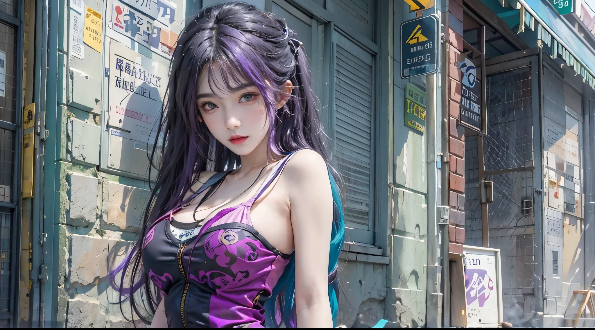 realistically, A high resolution, 1人の女性, Alone, butt lift, looking at the viewer only, (Detailed faces), Purple hair, Long purple hair, NSFW , the street , 16k