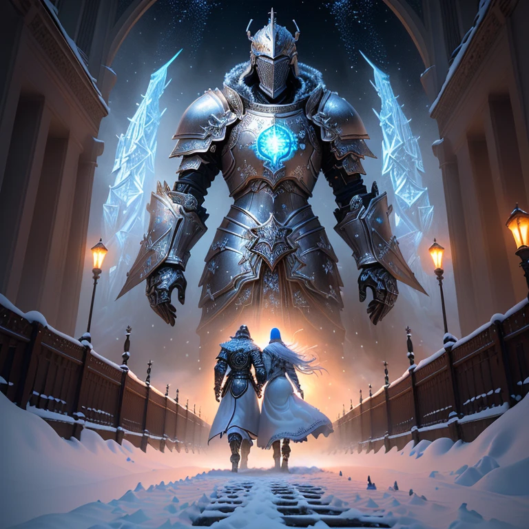 a close up of a chess board with a knight on it, knight chess, chess knight, surreal chess, glowing chess knight, strong fantasy knight, powerful male tin man, playing chess, !!playing chess!!, 3d game art, 3 d game art, 3 d epic illustrations, symmetrical epic fantasy art, fantasy 3 d render, snails vs knight, chess game, a painting of a snowy scene with a couple walking through the snow, kilian eng and thomas kinkade, winter scene fantasy, highly detailed visionary art, visionary art, breathtaking art, inspired by tomasz alen kopera, winter armosphere, jungian symbols of winter, intricate sparkling atmosphere, rob mcnaughton, hyper - detailed visionary art