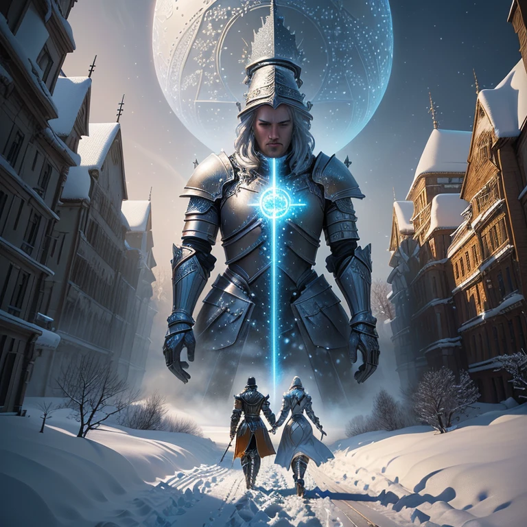a close up of a chess board with a knight on it, knight chess, chess knight, surreal chess, glowing chess knight, strong fantasy knight, powerful male tin man, playing chess, !!playing chess!!, 3d game art, 3 d game art, 3 d epic illustrations, symmetrical epic fantasy art, fantasy 3 d render, snails vs knight, chess game, a painting of a snowy scene with a couple walking through the snow, kilian eng and thomas kinkade, winter scene fantasy, highly detailed visionary art, visionary art, breathtaking art, inspired by tomasz alen kopera, winter armosphere, jungian symbols of winter, intricate sparkling atmosphere, rob mcnaughton, hyper - detailed visionary art