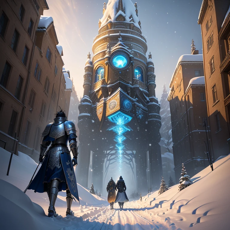 a close up of a chess board with a knight on it, knight chess, chess knight, surreal chess, glowing chess knight, strong fantasy knight, powerful male tin man, playing chess, !!playing chess!!, 3d game art, 3 d game art, 3 d epic illustrations, symmetrical epic fantasy art, fantasy 3 d render, snails vs knight, chess game, a painting of a snowy scene with a couple walking through the snow, kilian eng and thomas kinkade, winter scene fantasy, highly detailed visionary art, visionary art, breathtaking art, inspired by tomasz alen kopera, winter armosphere, jungian symbols of winter, intricate sparkling atmosphere, rob mcnaughton, hyper - detailed visionary art