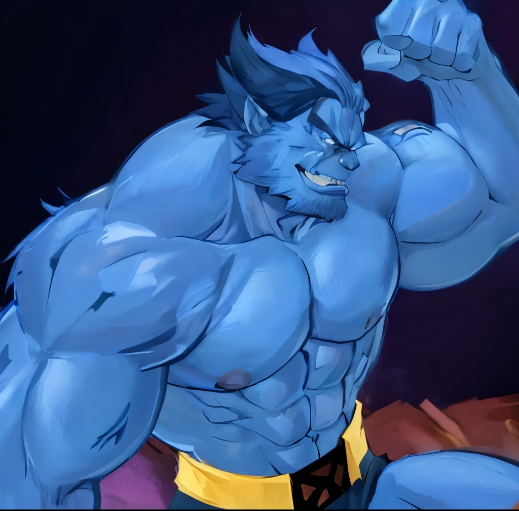 Close-up of a caricature of a man in a blue suit, muscular werewolf, menacing pose, as Ugly Titan, The strongest pose, This character has cryokinesis, Strong and imposing, Amazing facial expression, sfw version, intimidating pose, male djinn man demon hybrid, Wolverine ate, angry high moral sexy werewolf, Courageous monster tough guy, Heroic male pose